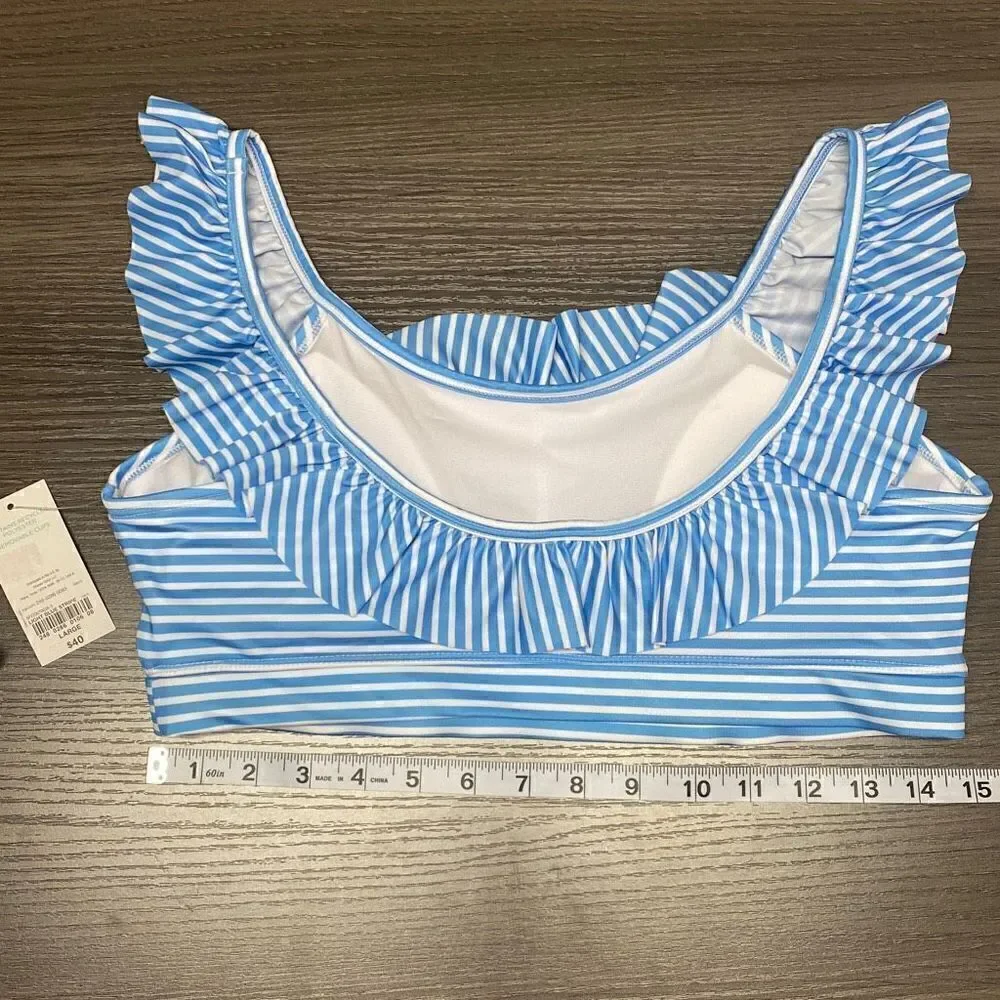 Light Blue Stripe Bathing Swim Suit Top with Ruffle Womens Swimwear Size Large